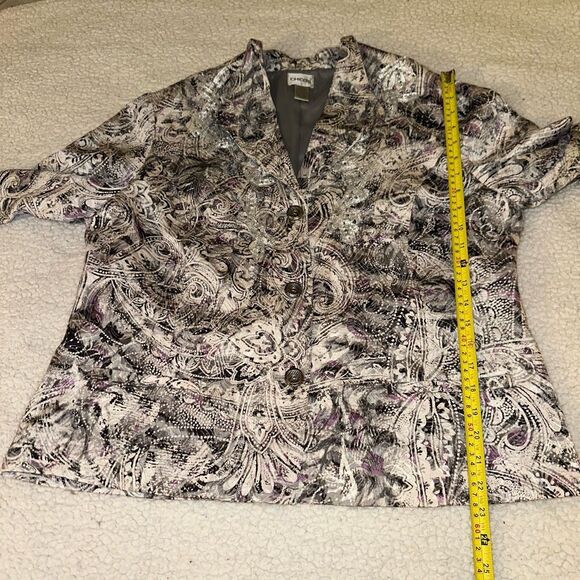 Chicos XL (Sz 3) Silk Blend Blazer Jacket White Black Purple Abstract Womens EUC - Picture 9 of 12